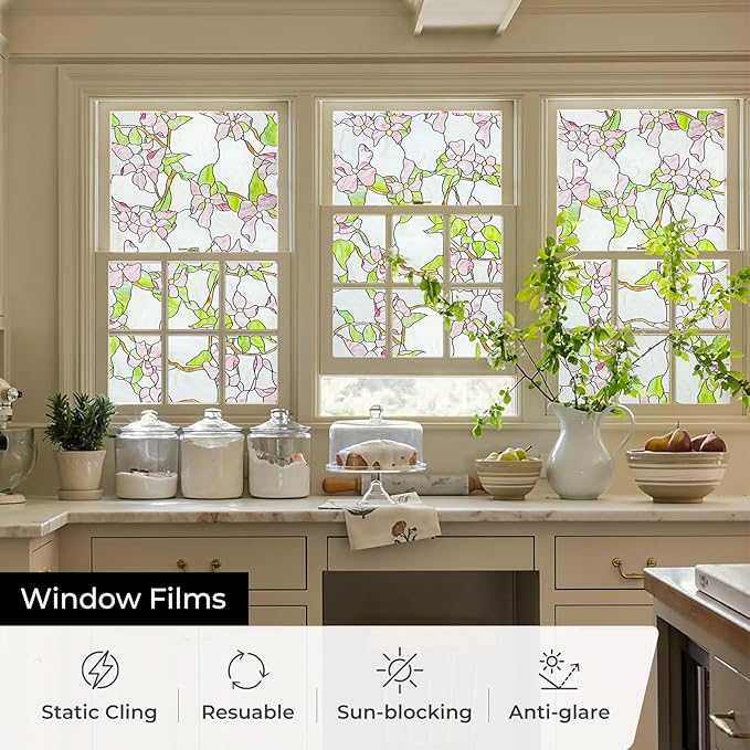 3D Stained Glass Window Film, Decorative Window Privacy Film for Bathroom,Front Door,Home, Sun Blocking Heat Control,Static Cling,23.6inch x 35.4inch Pink sprigs
