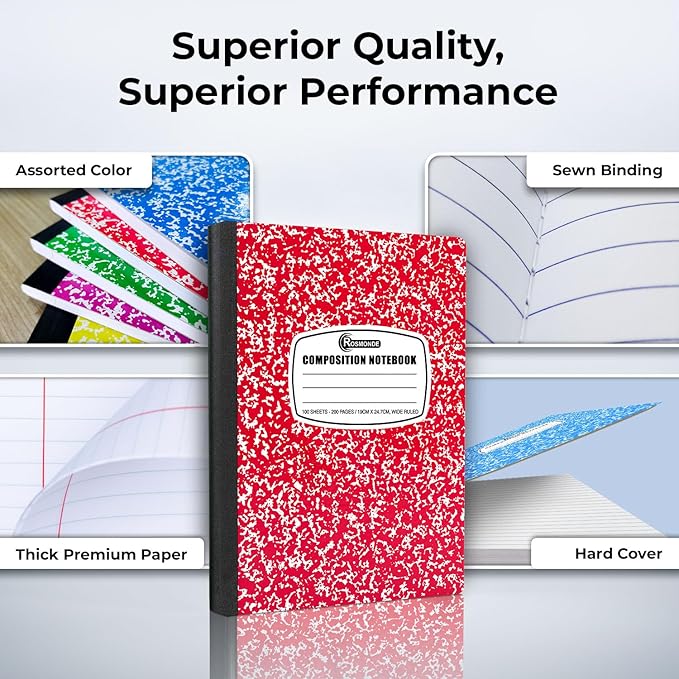 Rosmonde 12 Pack Bulk Composition Notebook Wide Ruled, 200 Pages (100 Sheets), 9-3/4 x 7-1/2", Hard Cover Wide Ruled Notebook Bulk, Assorted Colors Composition Notebook For School, Colors May Repeat