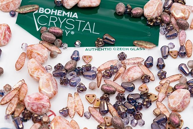 2.1oz (60 g) Mix of Unique Czech Bohemia Glass Pressed Beads, Matte and Glossy, Hand Made, Antique Copper Pink
