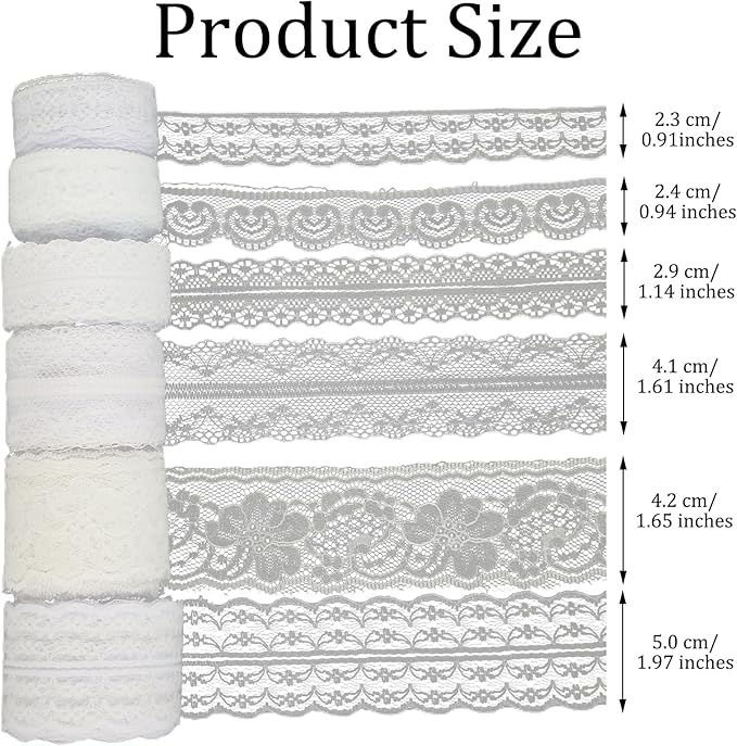 Lace Trim, 60 PCS Yards Ribbon, Vintage Scalloped White Laces Ribbon Suitable for Crafts, Gift Wrapping, DIY Sewing, Scrapbooking, Wedding Bouquet Decoration(6 Styles)