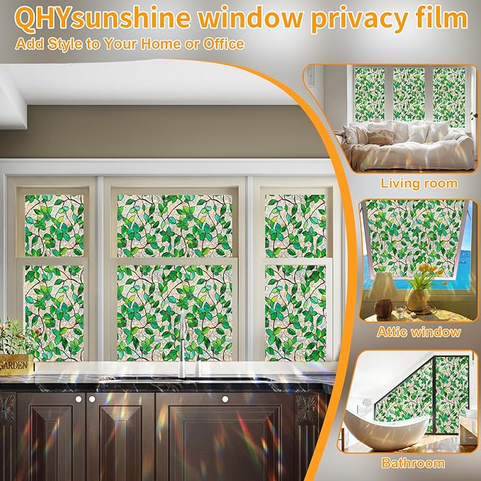 Stained Glass Window Privacy Film Decorative Rainbow Static Clings – Ideal for Home & Office, Adhesive-Free, Removable, UV-Blocking (Green Rainbow, 23.6 X 78.7 in)