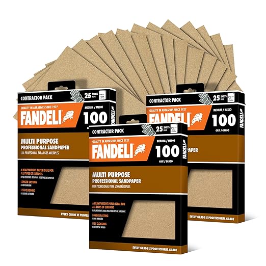 Fandeli | Multi-Purpose Sandpaper | 100 Grit | 75 Sheets of 9'' x 11'' | Ideal for Sanding Metal, Untreated Wood and Painted Surfaces | Sandpaper Sheets.