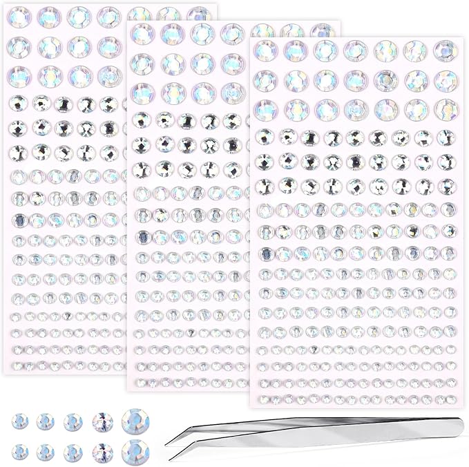 Self Adhesive Face Gems and Pearls for Makeup, Festival Jewels, Hair Gems Pearls, 3/4/5/6/8 mm Round Rhinestone Stickers for Face, Eye, Makeup, Body, Crafts 591Pcs (21_Laser Clear)