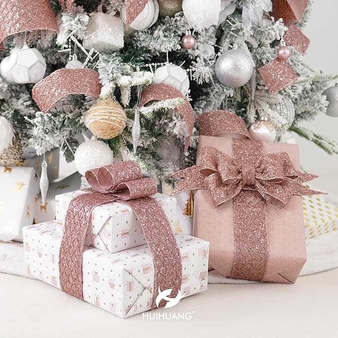HUIHUANG Rose Gold Christmas Ribbon 4 inch Rose Gold Glitter Wired Ribbon Diamond Mesh Wire Ribbon for X-mas Tree Decorations, Wreaths, Garland, Large Bows Making, Home Decor -10 Yards