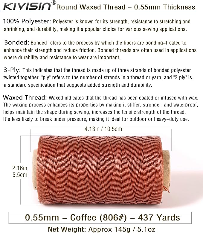 Sturdy Bonded Waxed Polyester Thread, 0.55mm, 437 Yards Wax String Cord - Coffee for Leather, Hand Sewing, Stitching, Beading, Bookbinding, Bracelets and Macrame Jewelry Making