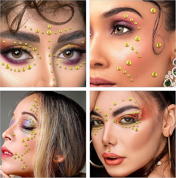 Self Adhesive Face Gems and Pearls for Makeup, Festival Jewels, Hair Gems Pearls, 3/4/5/6/8 mm Round Rhinestone Stickers for Face, Eye, Makeup, Body, Crafts 591Pcs (07_Light Gold)