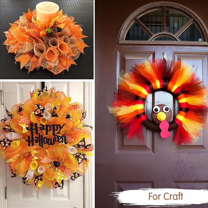 TONIFUL 10 Inch 3 Rolls Khaki/Orange/Green Decorative Mesh Ribbons, Fabric Mesh with Foil for Tree Home Front Door Wreaths Decorations Supplies, for Thanksgiving Fall（3 Colors, 10yards/ roll）