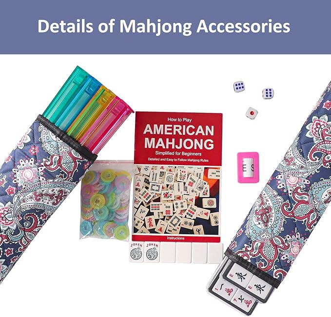 American Mahjong Game Set, 166 White Tiles, 4 All-in-One Color Rack/Pushers, Complete Mahjong Tile Set, Printed Carrying Bag