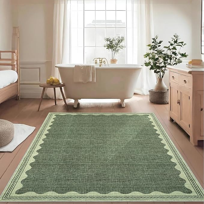 Scalloped Washable Rug 5x7 Area Rugs for Living Room, Solid Green Rug for Bedroom Girls, Non Slip Scalloped Throw Mat with Rubber Back, Soft Dorm Nursery Low Pile Carpet for Dining Room