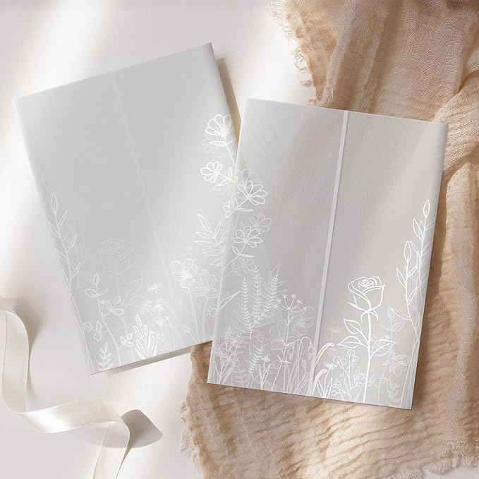 HAUTOCO 50 Pack Vellum Jackets for 5x7 Invitations, Pre-Folded Translucent 135GSM Vellum Paper Wraps, White Flower Envelope Liners Wedding Invitations Accessories