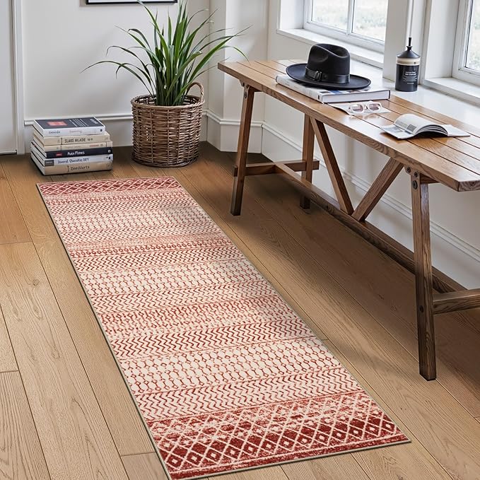 Moroccan Rug Runner 2x6, Terracotta Non Slip Washable Bathroom Rug Runners, Soft Low Pile Tribal Geometric Hallway Runner Rugs for Bedroom Kitchen Laundry Living Room