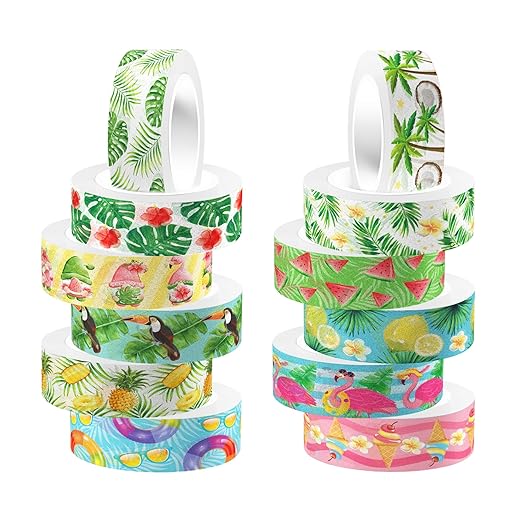 Summer Washi Tape 12 Rolls Aloha Masking Tape Hawaiian Theme Decorative Paper Stickers Flamingo Lemon Watermelon Tape Sticker,for DIY Crafts and Scrapbooking