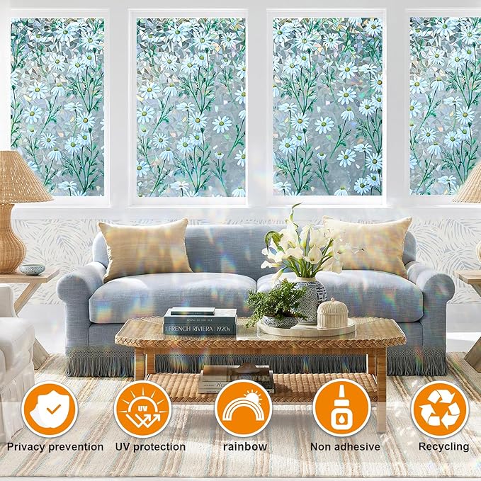 Window Privacy Film Stain Glass Window Film Rainbow Window Film Window clings Non-Adhesive Reusable Decorative for Room (Daisy Rainbow, 45.2 x 78.7 in)