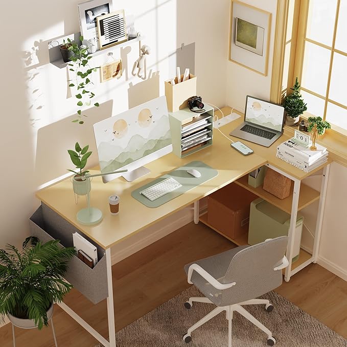 TIQLAB L-Shaped Computer Desk with Power Outlets - Reversible Shelves, 47 Inch Gaming & Study Desk in Beige