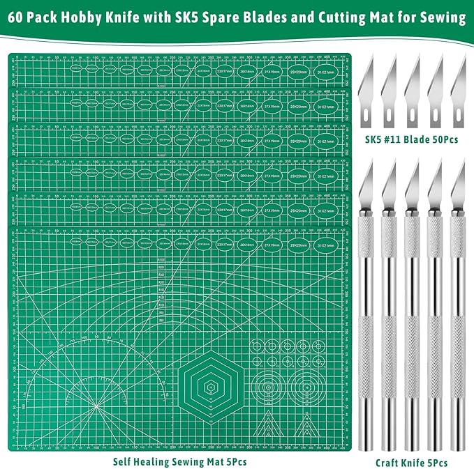 5 Pack Self Healing Cutting Mats and Exacto Knife Set, Sewing Mats with Precision Cutters and Extra 50Pcs SK5 Steel Blade 12" x 18" Work Mat for Crafts, Scrapbooking and Quilting