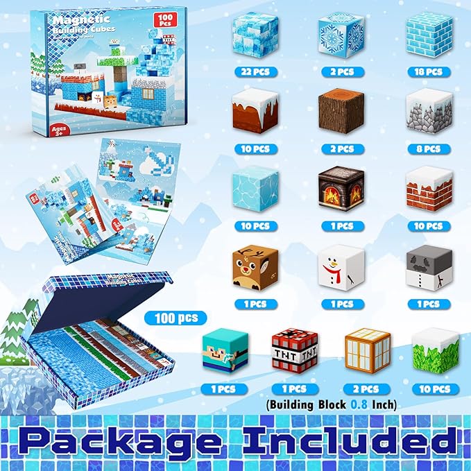 Magnetic Blocks - 100PCS Magnetic Blocks Build Ice Castle - Magnetics Toys for Montessori Toddler Christmas Birthday Gifts - STEM Sensory Toys for 3 4 5 6 7 8 9 10 Year Old Girls