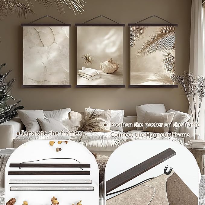 Artmag Magnetic Poster Hanger Frame, 24x36 24x32 24x18 Light Wood Wooden Magnet Canvas Artwork Print Poster Hangers Frames Hanging Kit (Walnut, 24")