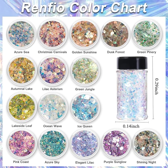 Renfio Opal Chunky Glitter, 1.58oz/45g White Glitter, Dreamy High Sparkle Glitter for Crafts Holographic Fine Glitter Mix Iridescent Glitters Flake for Resin Nails Art Hair DIY Snow Globe - Ocean Wave