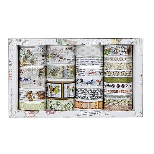 Vintage Washi Tape Set - 24 Rolls Arts Adhesive Tapes Assorted Retro Decorative Masking Tape Sets for Craft, Kids, Scrapbook, DIY, Gift Wrapping (4-Nature Journal)