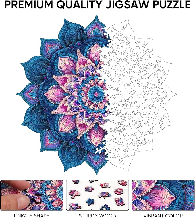 Wooden Puzzles for Adults 471 Pieces, Mandela Lotus Jigsaw Puzzles, Unique Design Color Challenge Adult Puzzles for Family Game Gift, Home Decor, 16.4x16.5 inch