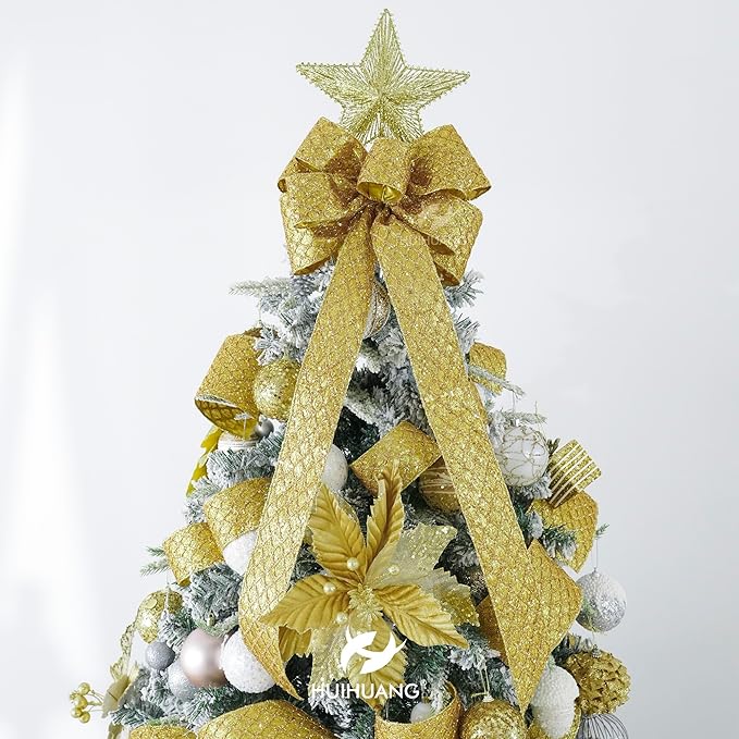HUIHUANG Gold Glitter Wired Ribbon, 4 inch x 10 Yards, Polyester, Christmas, Gold, Geometric Pattern, Perfect for Tree Decorations, Wreaths, Gift Wrapping