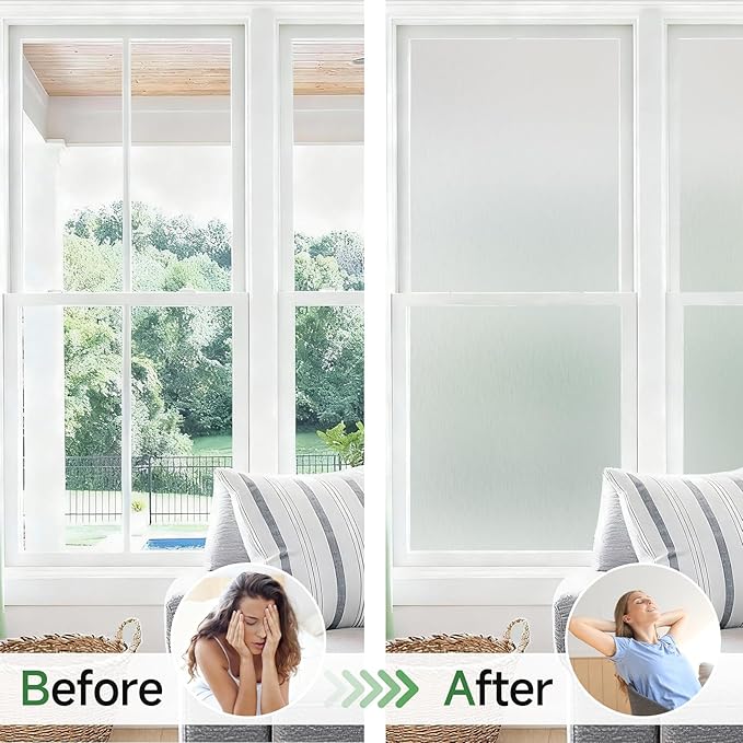 Borsky Frosted Glass Window Film - Static Cling, 96% UV Blocking Non-Adhesive Privacy Window Film, Removable Window Cling with Day & Night Privacy for Bathroom Home Office, 29.5 x 78.7 Inches, Pure