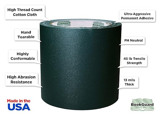 BookGuard 4 inch Premium Bookbinding Repair Cloth Tape, 15 Yard Roll, Forest Green
