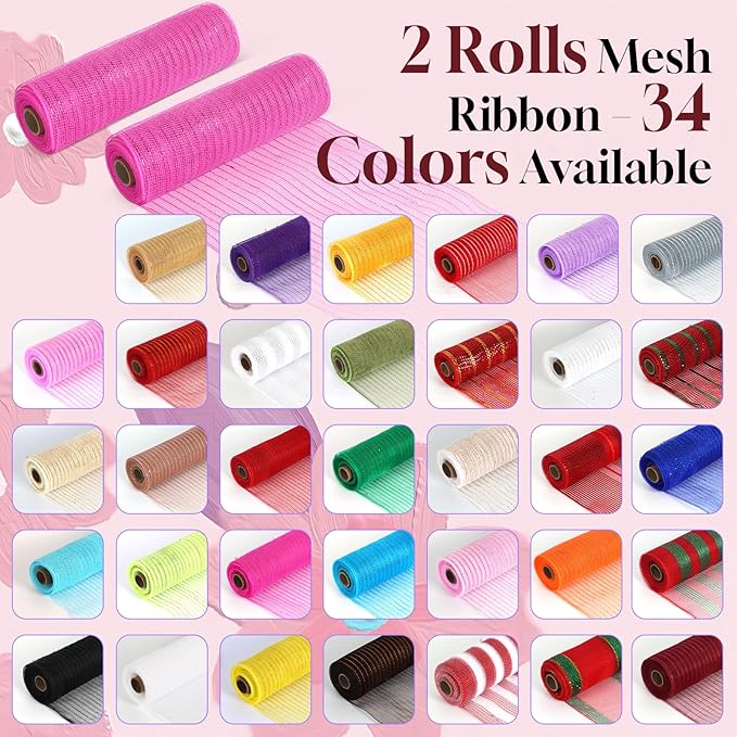 2 Rolls Mesh Ribbon for Wreaths 10 Inch x 30 Foot Wreath Mesh Rolls with Metallic Foil for Easter Christmas Party Wedding Home Decor DIY Craft Projects and Gift Wrapping (Gray)