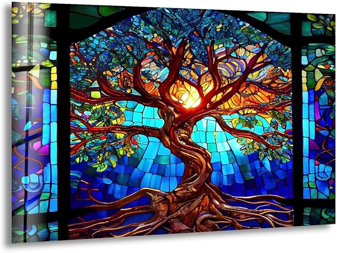 My Photostation.com 20Wx14H'' Stained Blue Life of Tree Glass Wall ArtTempered Glass Printing Wall Decor Large Wall Art Wall Hangings