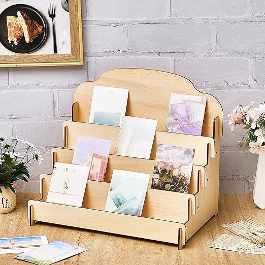 Barydat 2 Pcs 4 Tier Greeting Card Display Stand Wooden Sticker Display Stand Portable Card Display Rack for Vendors Retail Counter Table Display Trade Shows Showcase (Wood Color,15.8 Inch)