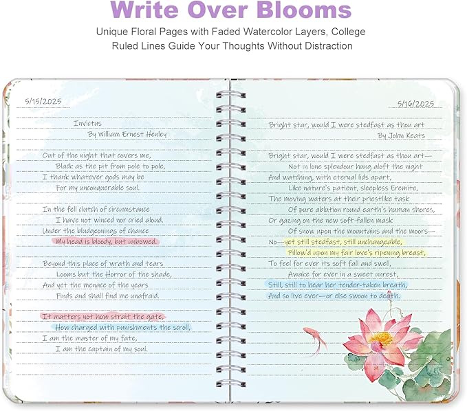 SIIXU Floral Spiral Notebook - A5 College Ruled Journal with 160 Colorful Pages for Poetry, Work Notes & Daily Writing, Blue, Hardcover