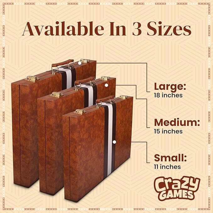 Backgammon Sets for Adults with Premium Leather Case | Classic Travel Backgammon Set for Adults and Kids with Strategy & Guide | 15 Inches | Medium | Brown