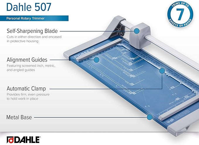 Dahle 507 Personal Rotary Trimmer, 12" Cut Length, 7 Sheet Capacity, Self-Sharpening, Automatic Clamp, German Engineered Paper Cutter