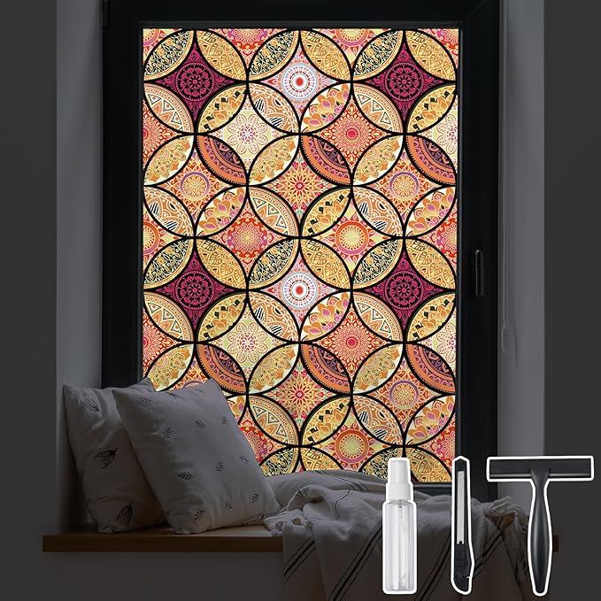 DKTIE Stained Glass Window Film with Installation Tools - Bohemian Style, Privacy Protection, Softening Light, Home Decorative Window Film, 17.7 x 78.7 Inch