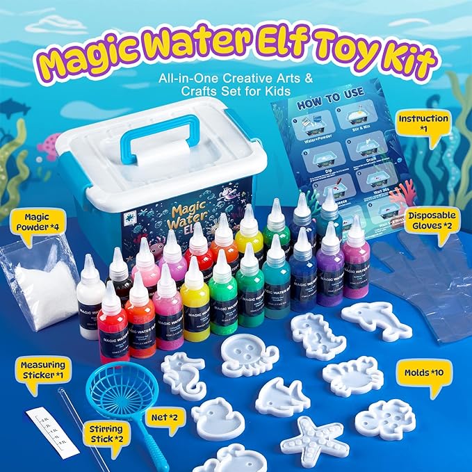Magic Water Elf Toy Kit - 65ml Aqua Fairy Water Gel Kit for Kids with 20 Magic Gel & 10 Molds, Make Your Own Water Pets & Squishy Toys, Arts and Craft Kits for Kids Ages 8 9 10 Years Old