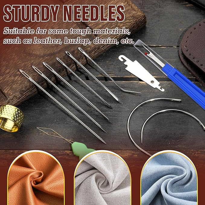 Repair Sewing Kit, Upholstery Needle with 32 Yard Waxed Thread and 8 Pcs Heavy Duty Leather Needles for Hand Stitching, Canvas & Quilting - 0.55mm Round Waxed Thread Dark Blue
