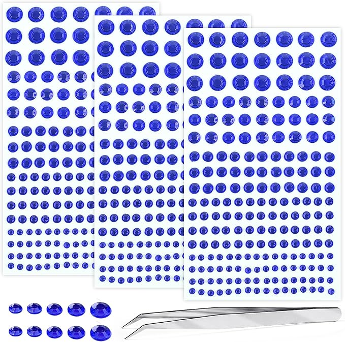 Self Adhesive Face Gems and Pearls for Makeup, Festival Jewels, Hair Gems Pearls, 3/4/5/6/8 mm Round Rhinestone Stickers for Face, Eye, Makeup, Body, Crafts 591Pcs (17_Dark Blue)