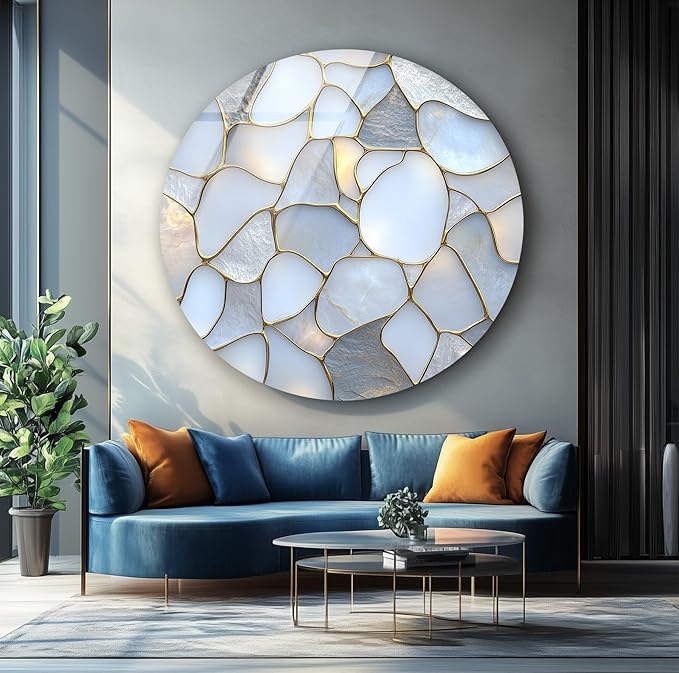 My Photostation.com 20''(50cm) Diameter White Stone Mosaic Round Glass Wall Art Tempered Glass Printing Wall Decor Large Wall Art Wall Hangings