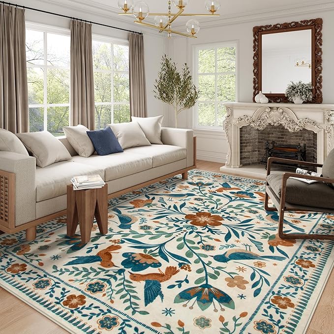 Morebes Floral 9x12 Area Rug for Living Room, Washable Large Rug for Bedroom Non Slip, Soft Boho Vintage Flower Birds Distressed Throw Carpet for Dinning Room Playroom, Beige/Multi