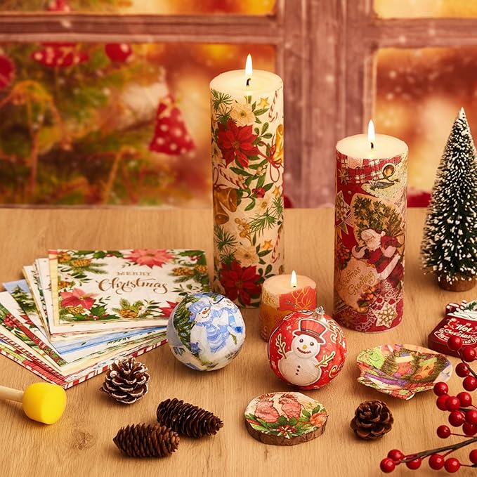 Crtiin 20 Pack Assorted Christmas decoupage napkins Santa Snowman Tree Napkins Decorative Beautiful for Birthday Xmas Winter Party Supplies, 20 Styles Each 6.5 Inches