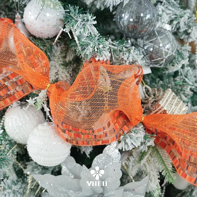 MEEDEE Orange Mesh 10 Inch Ruffle Patterned Metallic Mesh Ribbon Fall Colors, Ideal for Wreaths, Garland, Christmas Tree, Gift Wrapping, Bows Making (30 Feet)