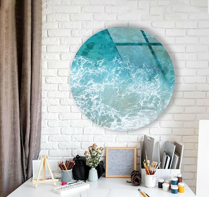 My Photostation.com 20''(50cm) Diameter Sea Waves Round Glass Wall Art Tempered Glass Printing Wall Decor Large Wall Art Wall Hangings
