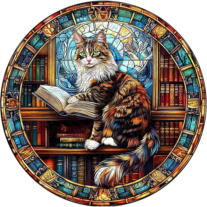 Wooden Puzzles Adults, Maine Cat Library Wooden Puzzles 100 Pieces, Unique Animal Shaped Wood Challenging Jigsaw Puzzles Gifts for Adults, 8.5x8.5in