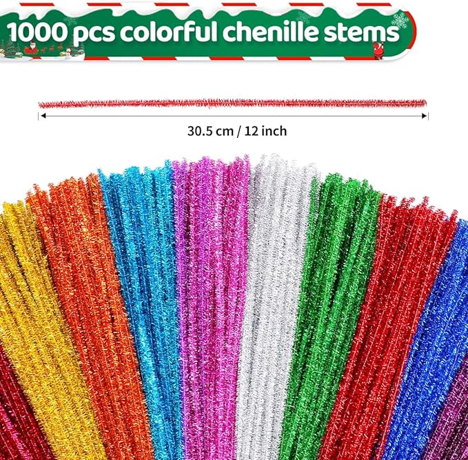 Eppingwin 1000pcs Pipe Cleaners, Glitter Pipe Cleaners Craft Supplies, 10 Colors Chenille Stems for DIY Arts Crafts Project
