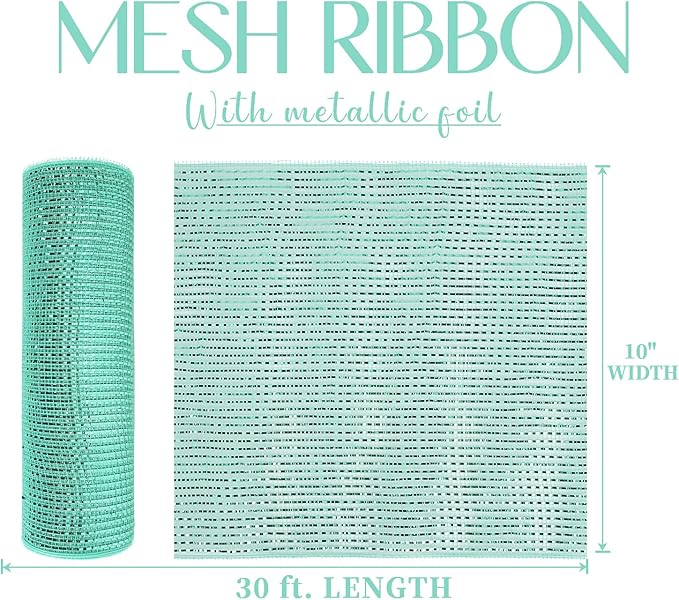 MEEDEE Mint Green Deco Mesh 10 Inch Deluxe Wide Foil Metallic Xmas Mesh Christmas Tree Ribbon Peppermint Mesh Ribbon for Christmas Tree, Wreaths, Garland, Gift Wrapping, Bows Making (30 Feet)