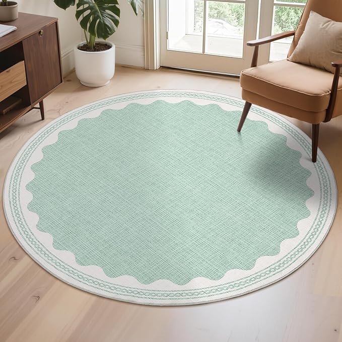 Scalloped Round Rug 6ft, Small Area Rugs Solid GreenRug for Bedroom Girls, Washable Rugs for Living Room, Non Slip Scalloped Round Bath Mat, Soft Dorm Nursery Carpet for Bedside