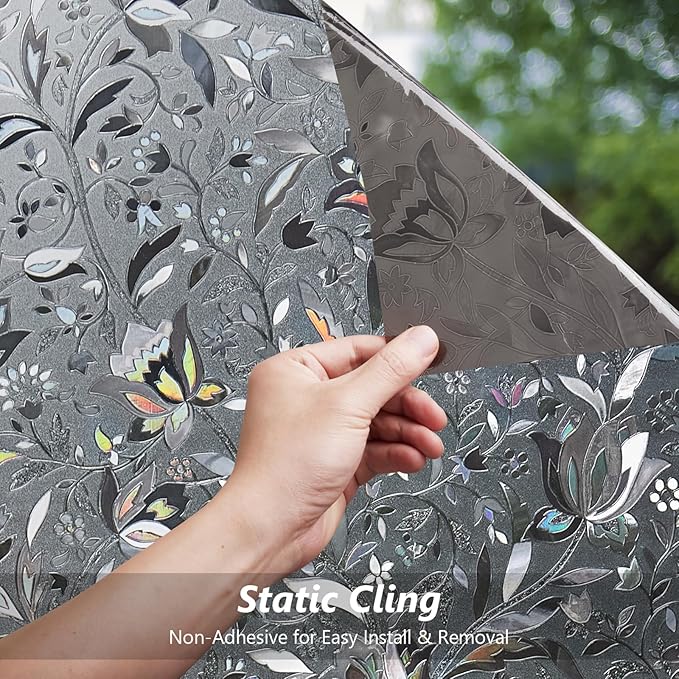 Kromapolis Window Film, Window Privacy Film Frosted, Vinyl Glass Covering, Stained Glass Decorative Film, Static Window Clings, Non-Adhesive (Grayish Black, 17.5 x 78.7 inch)