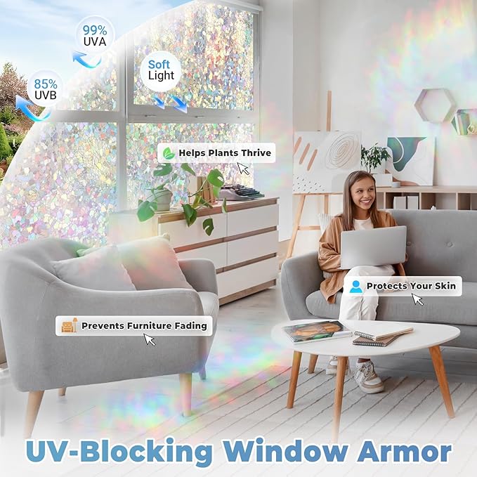 DOWELL Window Privacy Film Rainbow Film, Stained Glass Decorative Sticker, Static Cling Non-Adhesive Glass Clings, Sun Blocking Heat Control Window Coverings for Home Door, 23.6" x 118.1"