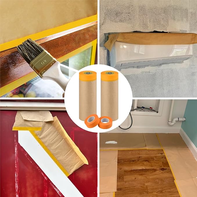 Pre-Taped Masking Paper for Painting, 2 Pack 18 inch x 66 Ft Masking Paper Roll and 1 inch x 66 Ft Masking Tape, Tape and Drape Paint Adhesive Papers for Covering Skirting, Frames, Cars and Auto Body