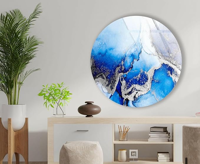 My Photostation.com 39,4''(100cm) Diameter Blue Marble Round with Silver Details Glass Wall Art Tempered Glass Printing Wall Decor Large Wall Art Wall Hangings